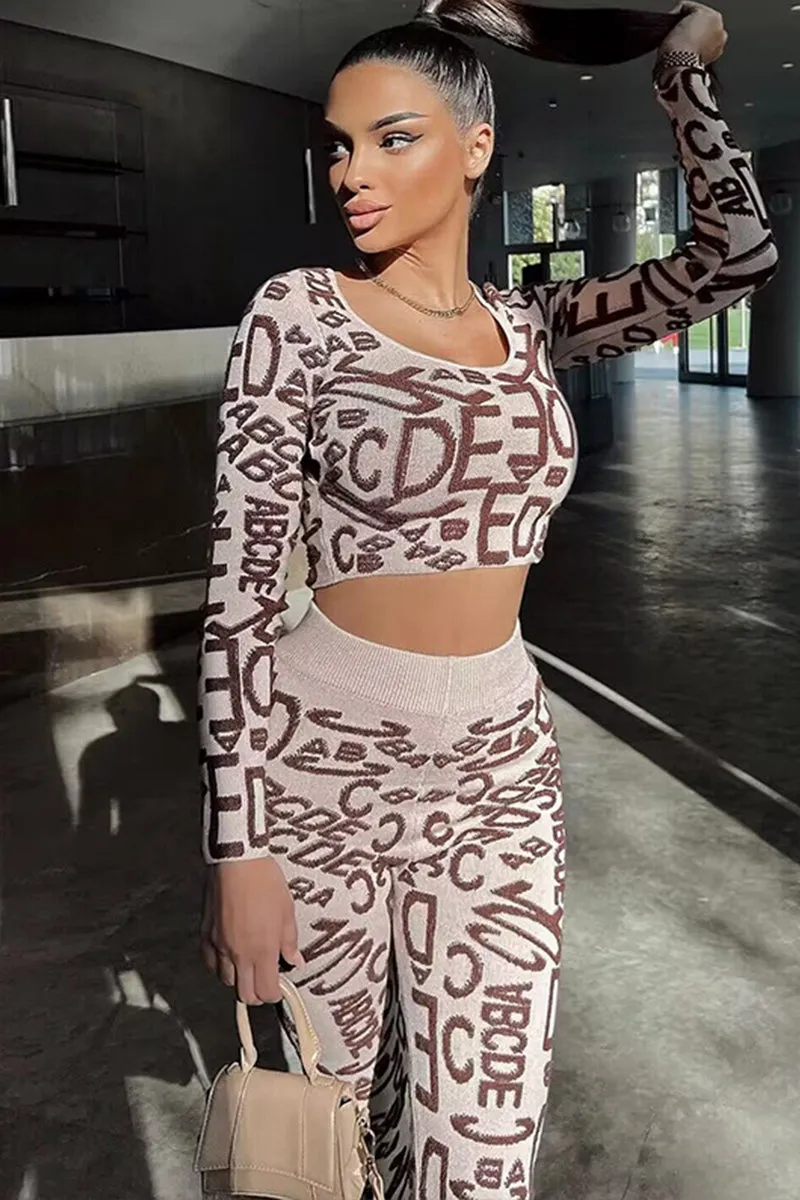Letter Print Long Sleeve High Waist Legging Set