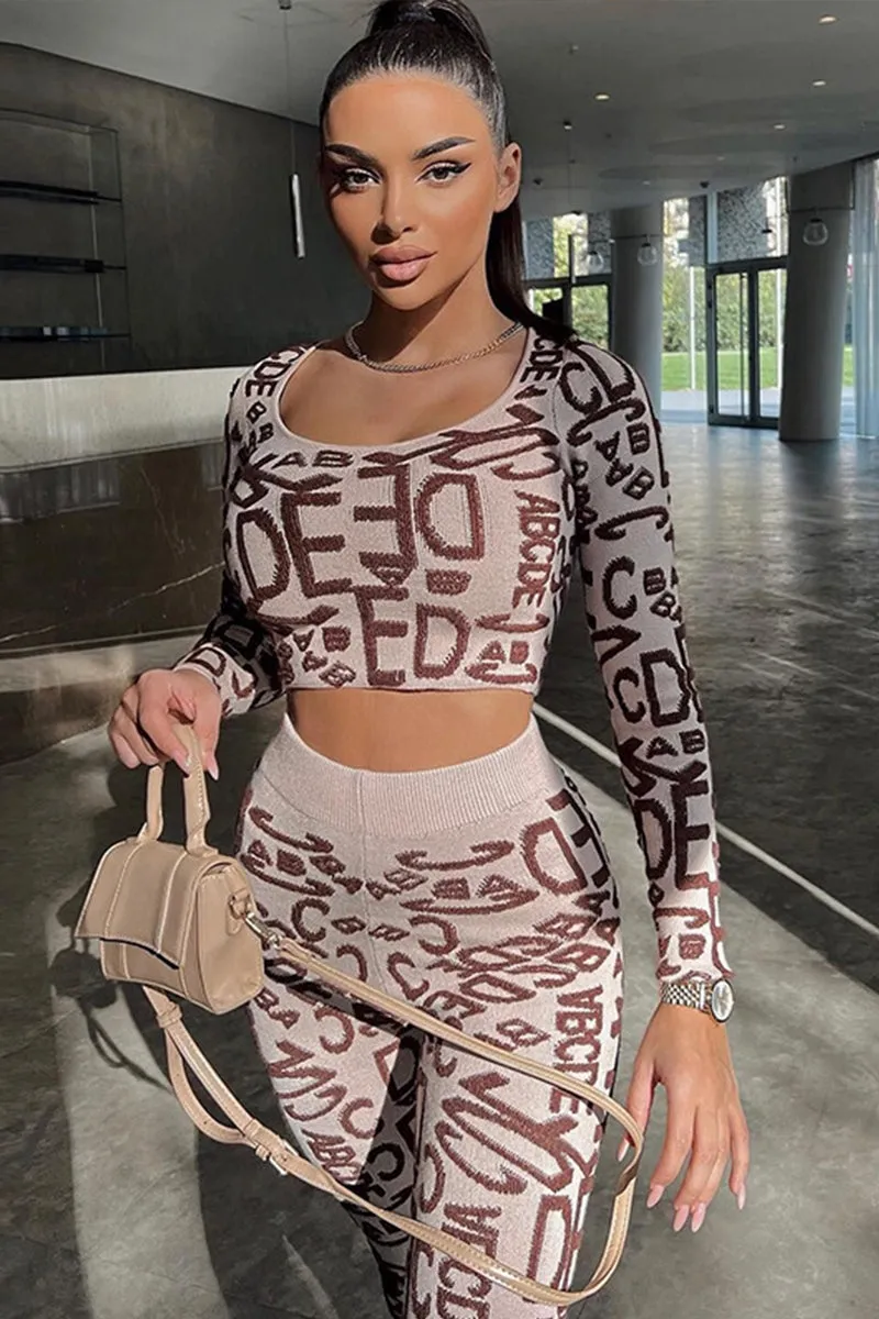 Letter Print Long Sleeve High Waist Legging Set