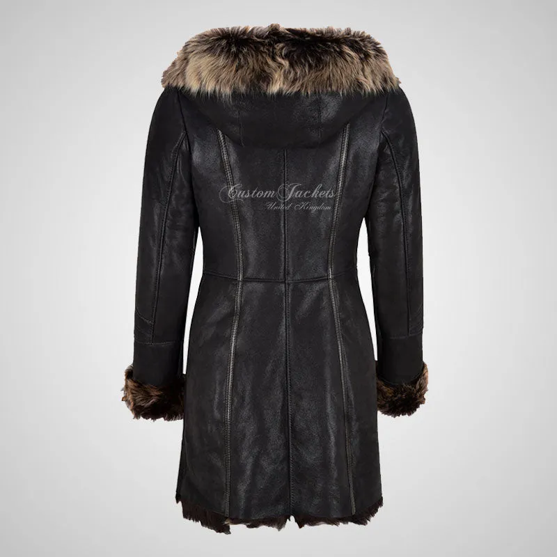 MARQUETTE Ladies Shearling Sheepskin Coat With Hood Long Haired Black