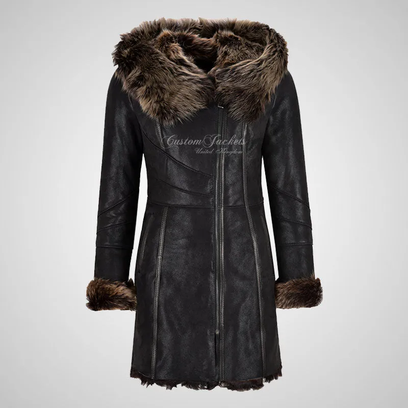 MARQUETTE Ladies Shearling Sheepskin Coat With Hood Long Haired Black