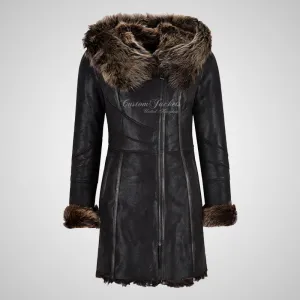 MARQUETTE Ladies Shearling Sheepskin Coat With Hood Long Haired Black