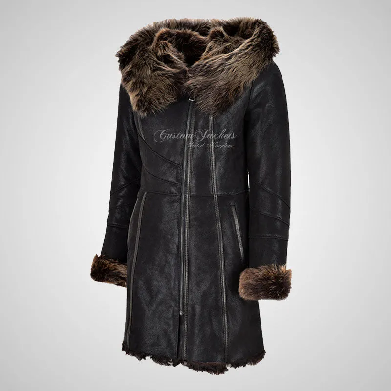 MARQUETTE Ladies Shearling Sheepskin Coat With Hood Long Haired Black