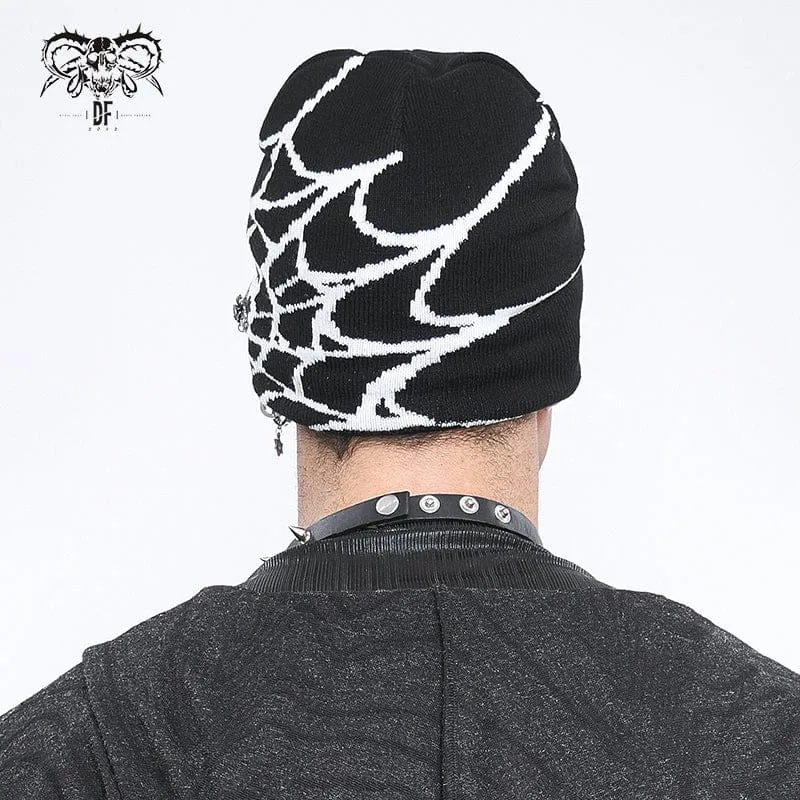 Men's Punk Contrast Color Spider Web Knitted Beanie White