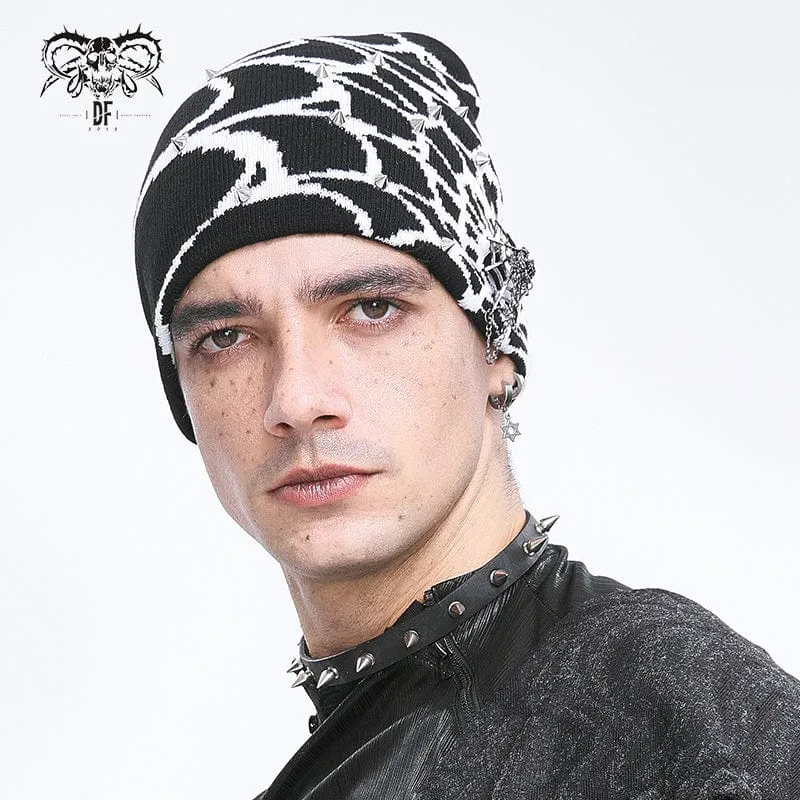 Men's Punk Contrast Color Spider Web Knitted Beanie White
