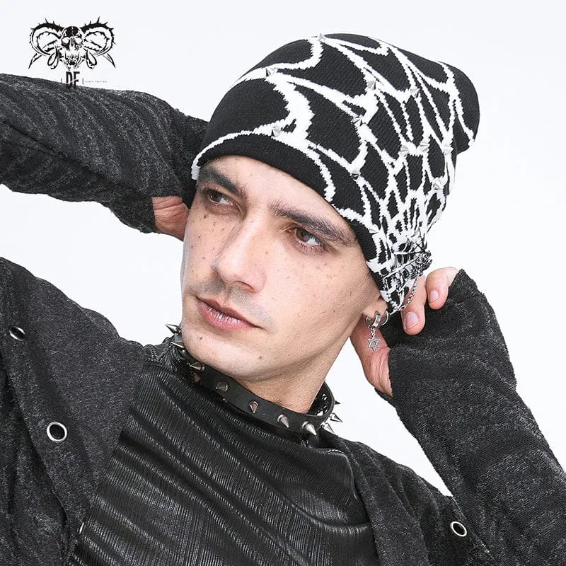 Men's Punk Contrast Color Spider Web Knitted Beanie White