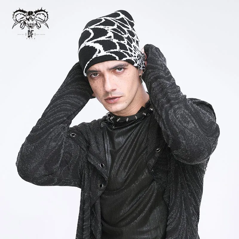Men's Punk Contrast Color Spider Web Knitted Beanie White