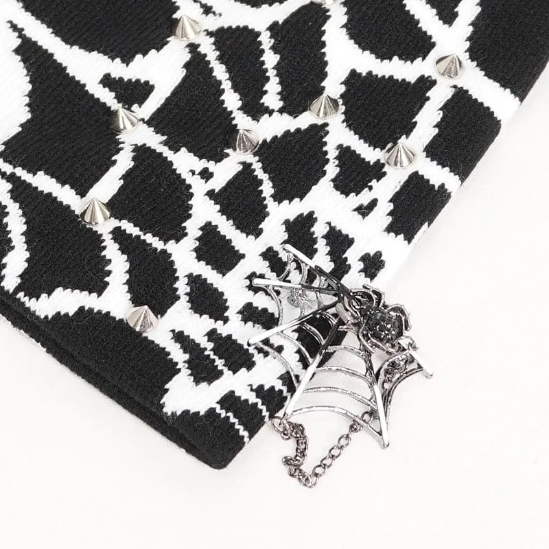 Men's Punk Contrast Color Spider Web Knitted Beanie White