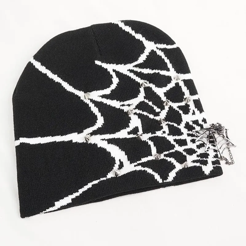 Men's Punk Contrast Color Spider Web Knitted Beanie White