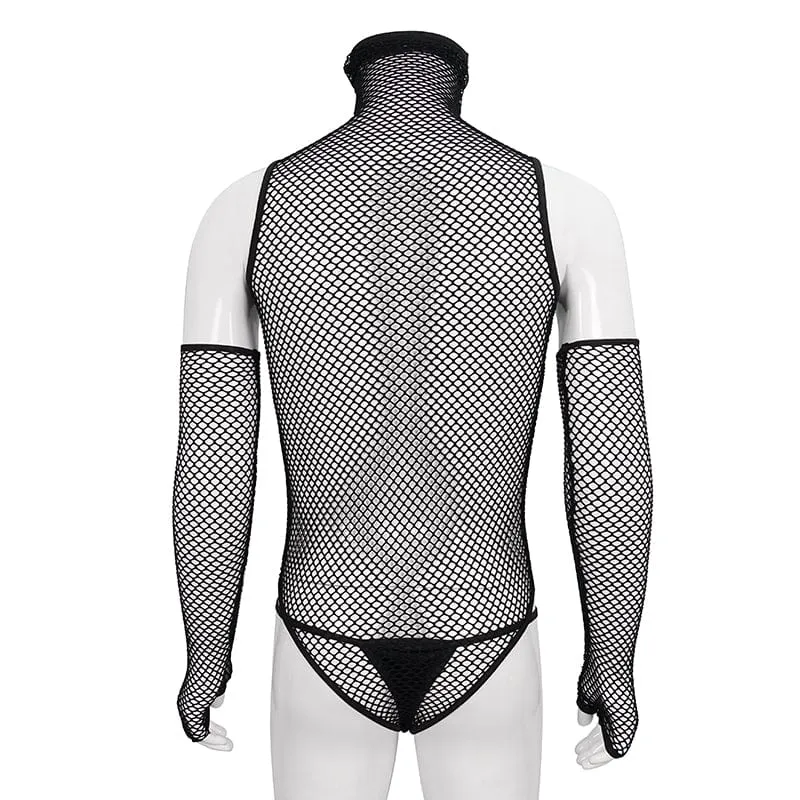 Men's Punk High Collar Mesh Bodysuit with Oversleeves
