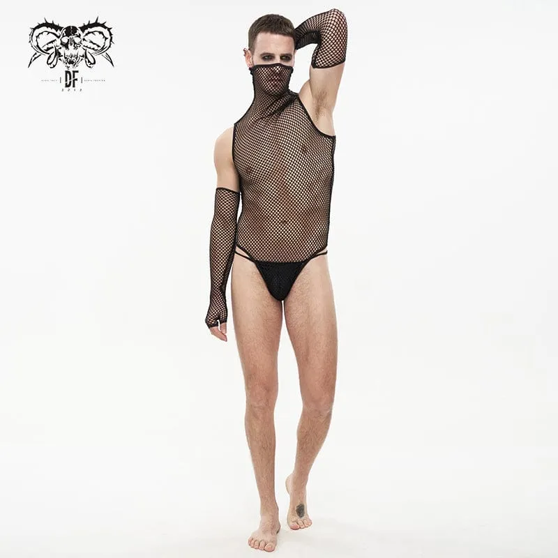 Men's Punk High Collar Mesh Bodysuit with Oversleeves
