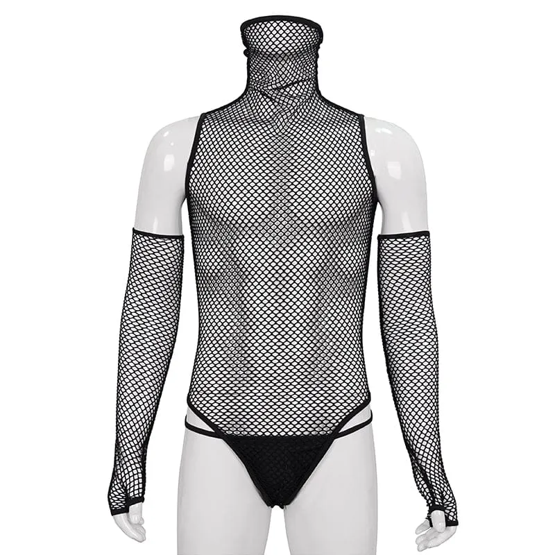 Men's Punk High Collar Mesh Bodysuit with Oversleeves