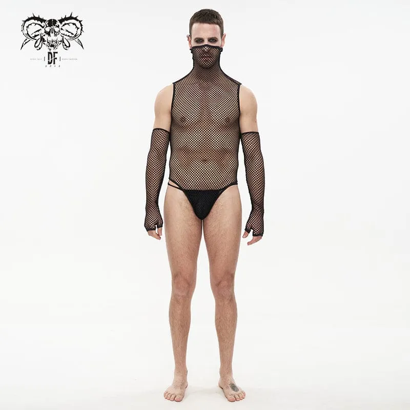 Men's Punk High Collar Mesh Bodysuit with Oversleeves