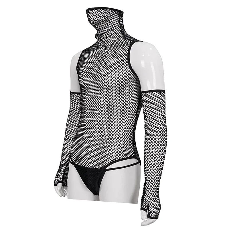 Men's Punk High Collar Mesh Bodysuit with Oversleeves