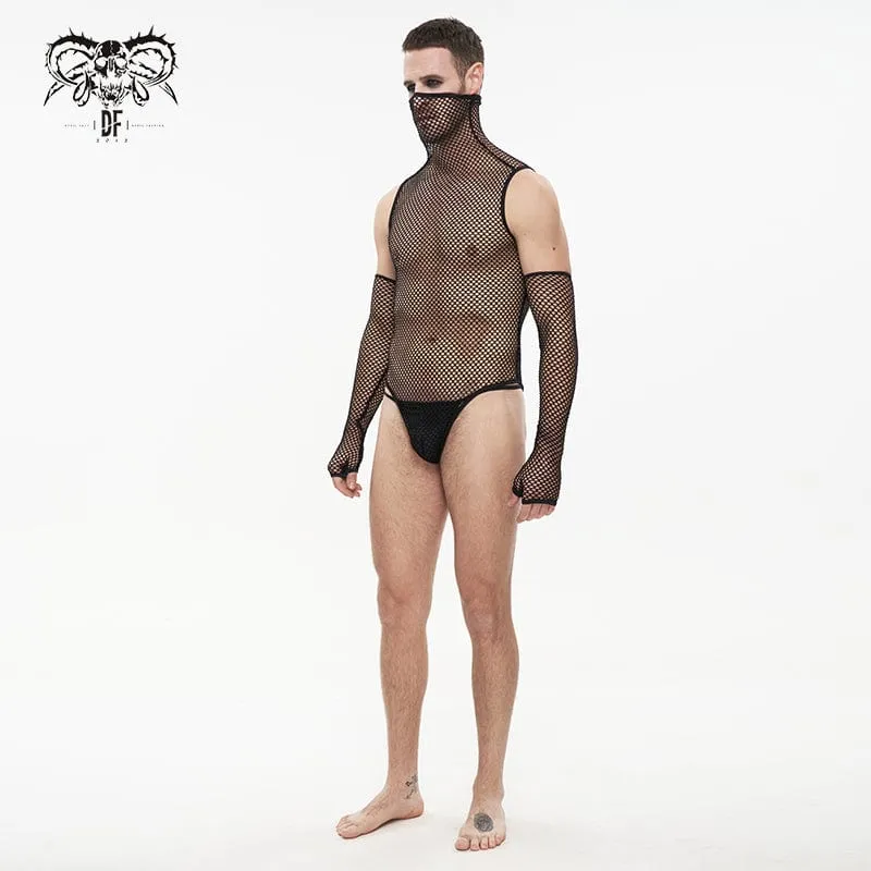 Men's Punk High Collar Mesh Bodysuit with Oversleeves