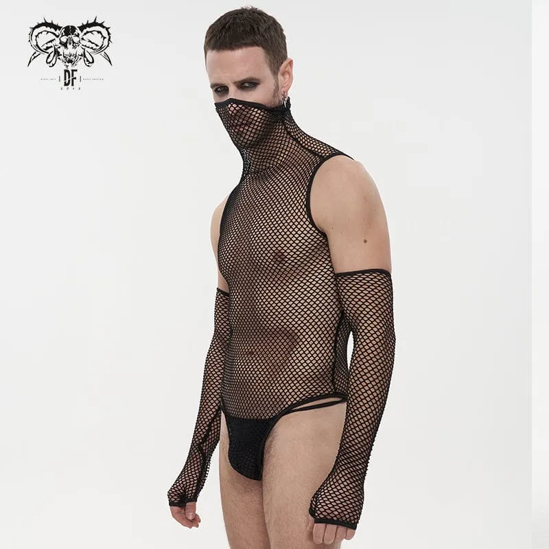 Men's Punk High Collar Mesh Bodysuit with Oversleeves