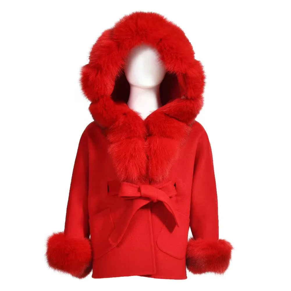 MI LOVES SIGNATURE Luxurious Anna cashmere kids coat with Fox fur trim and cuffs in Beautiful Red colour .