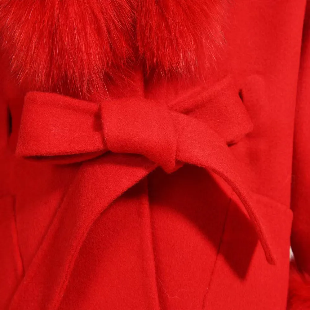MI LOVES SIGNATURE Luxurious Anna cashmere kids coat with Fox fur trim and cuffs in Beautiful Red colour .