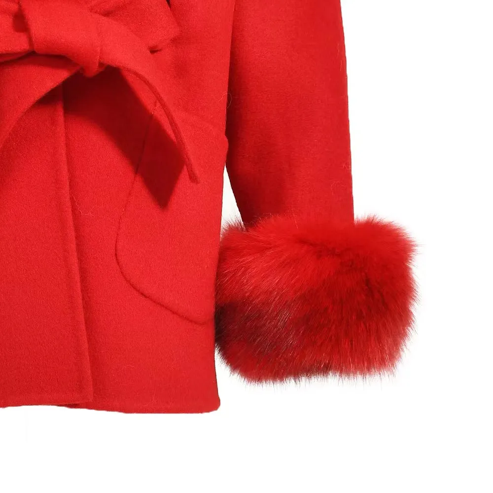MI LOVES SIGNATURE Luxurious Anna cashmere kids coat with Fox fur trim and cuffs in Beautiful Red colour .