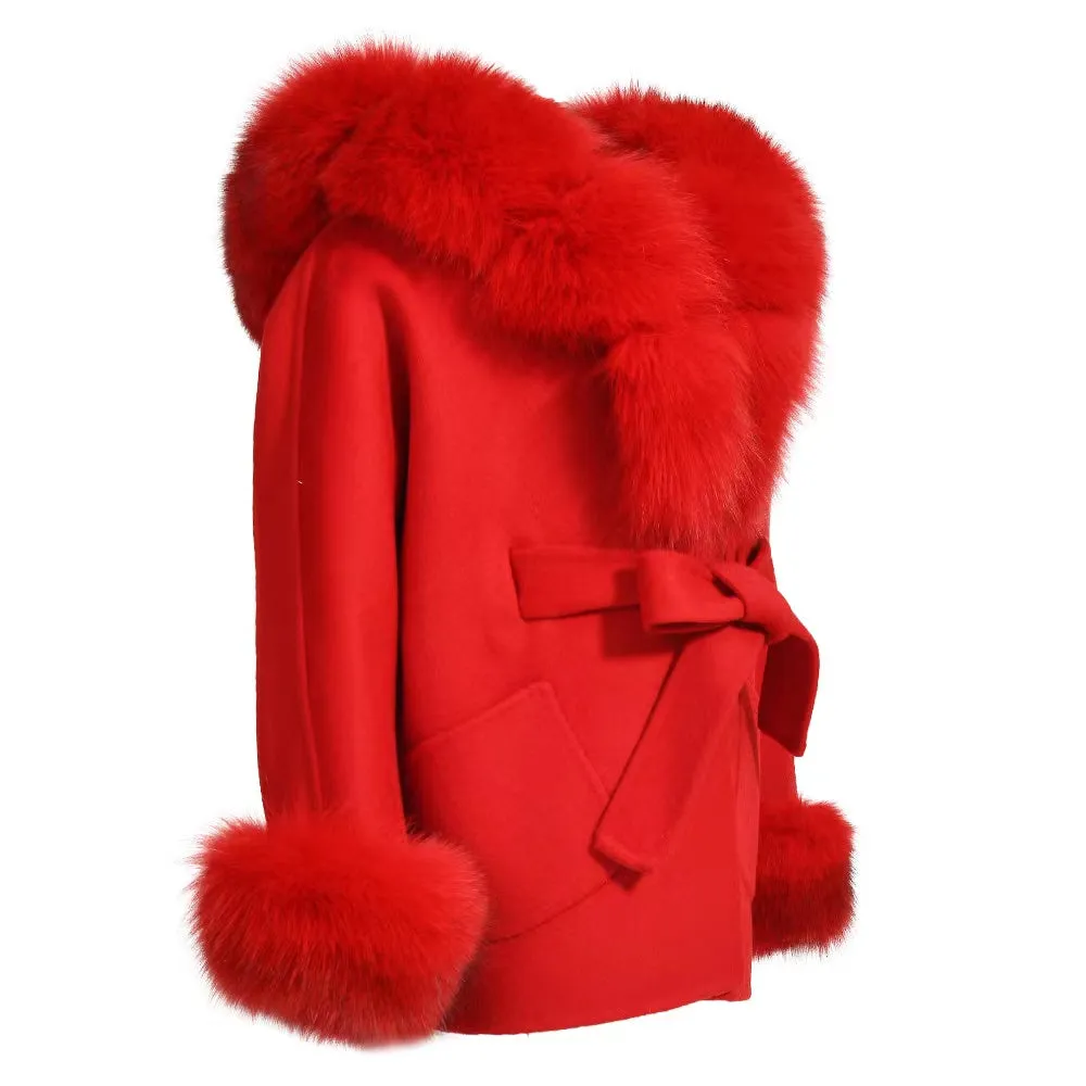MI LOVES SIGNATURE Luxurious Anna cashmere kids coat with Fox fur trim and cuffs in Beautiful Red colour .