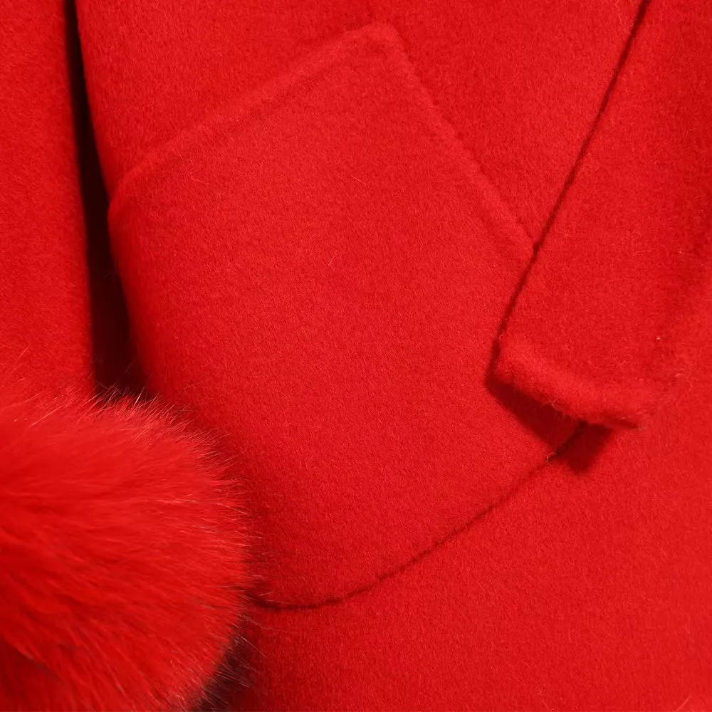 MI LOVES SIGNATURE Luxurious Anna cashmere kids coat with Fox fur trim and cuffs in Beautiful Red colour .