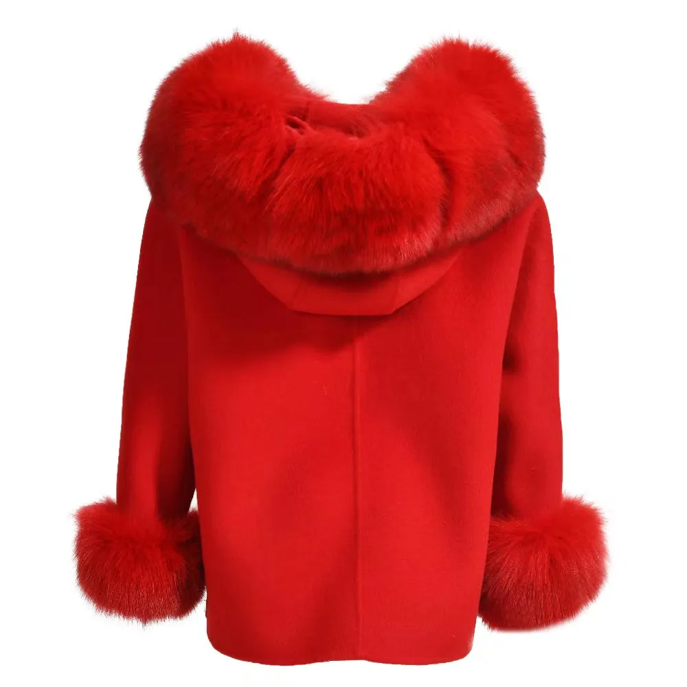 MI LOVES SIGNATURE Luxurious Anna cashmere kids coat with Fox fur trim and cuffs in Beautiful Red colour .