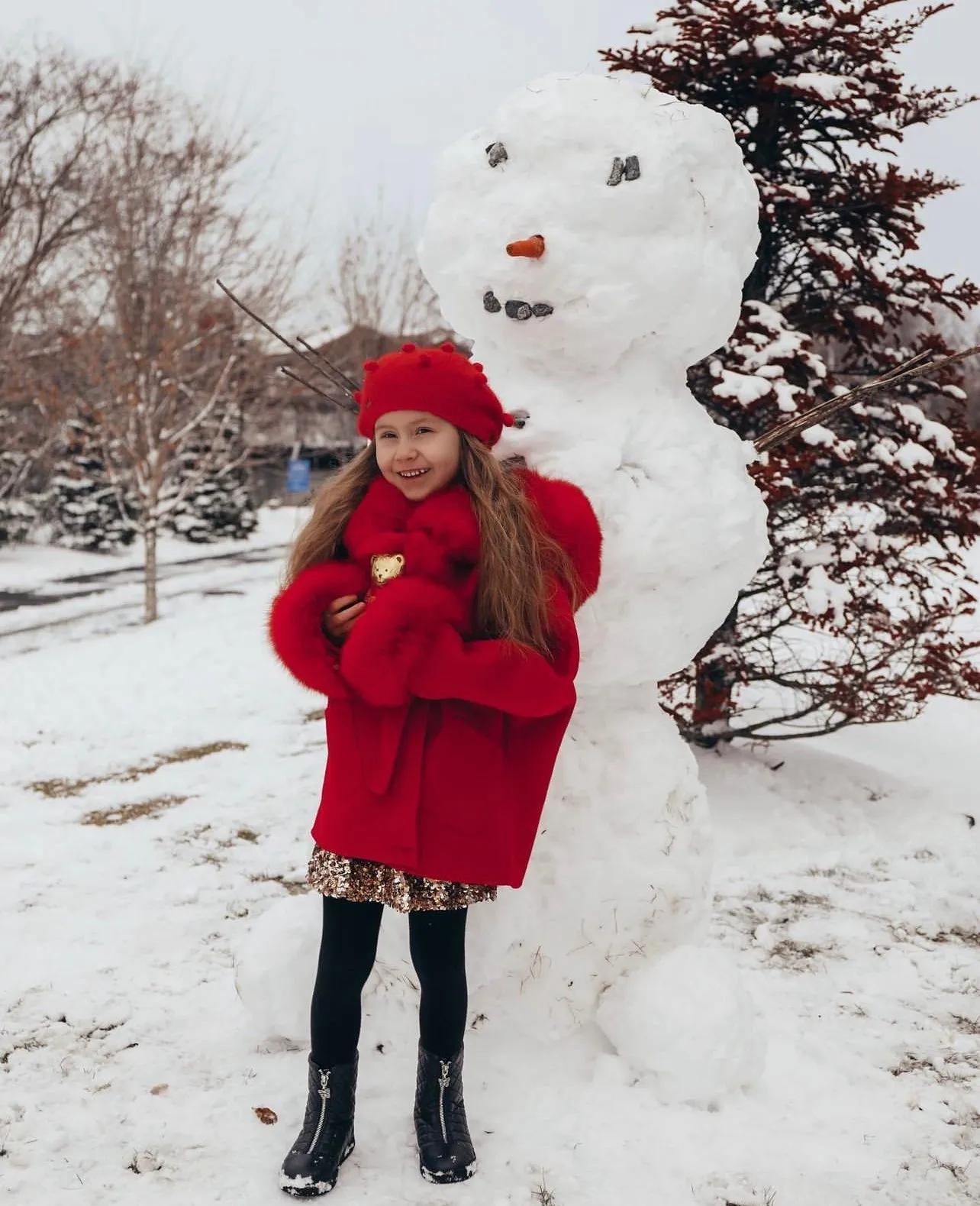 MI LOVES SIGNATURE Luxurious Anna cashmere kids coat with Fox fur trim and cuffs in Beautiful Red colour .