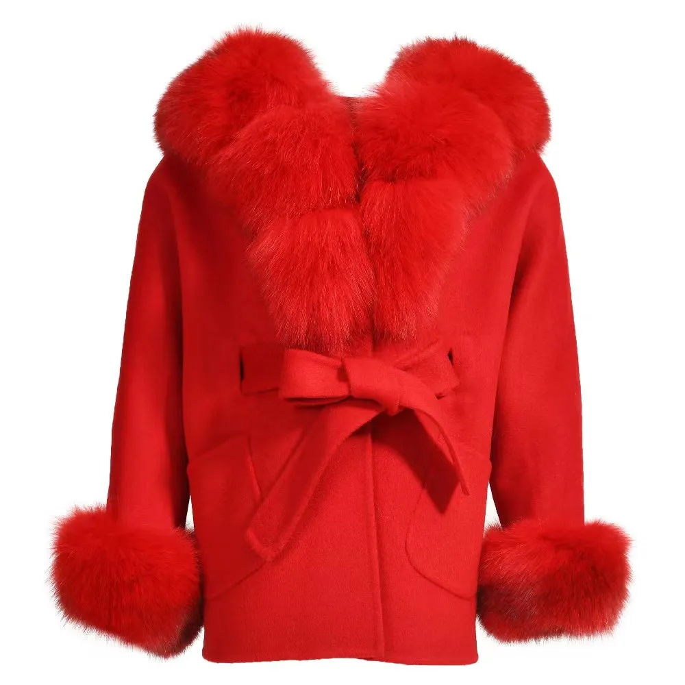 MI LOVES SIGNATURE Luxurious Anna cashmere kids coat with Fox fur trim and cuffs in Beautiful Red colour .