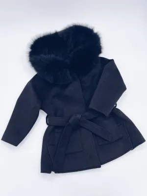 MI LOVES SIGNATURE Luxurious wool kids coat with Fox fur trim in Black colour.