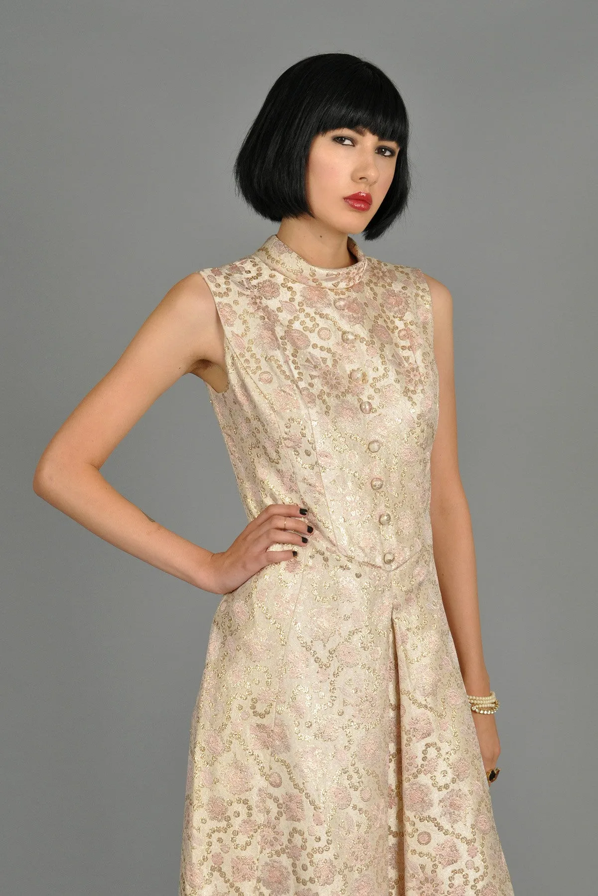 Pale Pink 1960s Brocade Dress   Coat w/Mink Trim