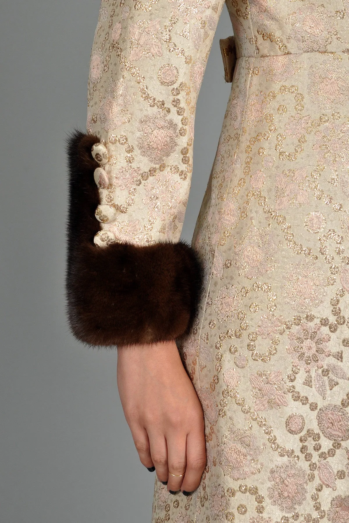 Pale Pink 1960s Brocade Dress   Coat w/Mink Trim