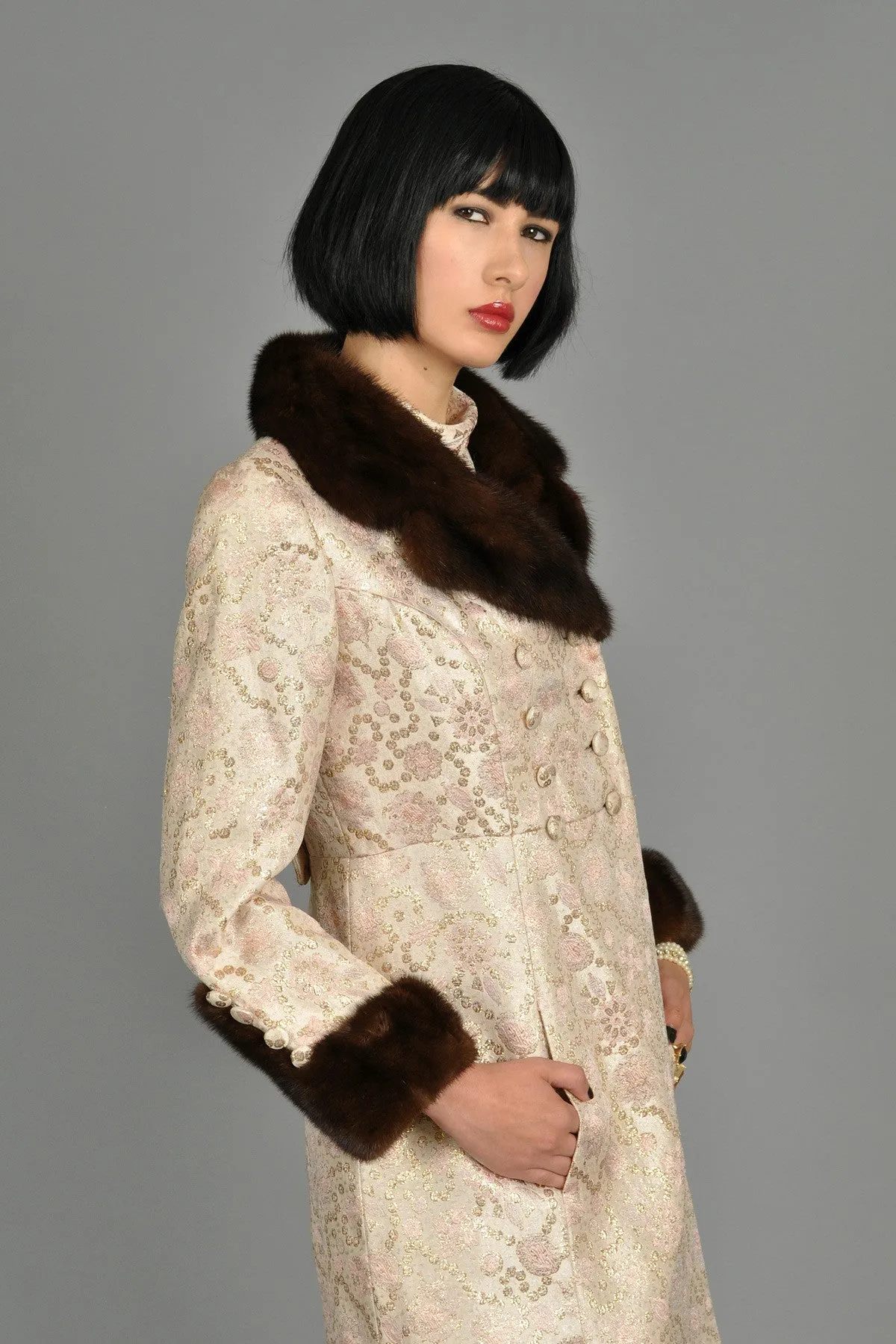 Pale Pink 1960s Brocade Dress   Coat w/Mink Trim