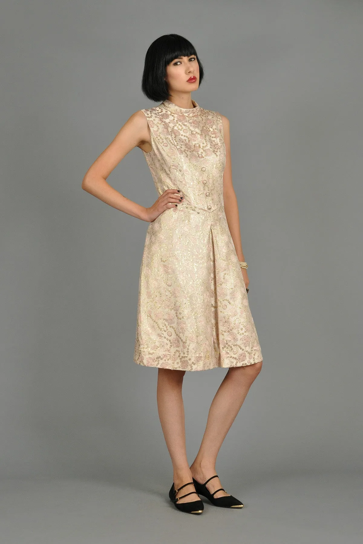 Pale Pink 1960s Brocade Dress   Coat w/Mink Trim