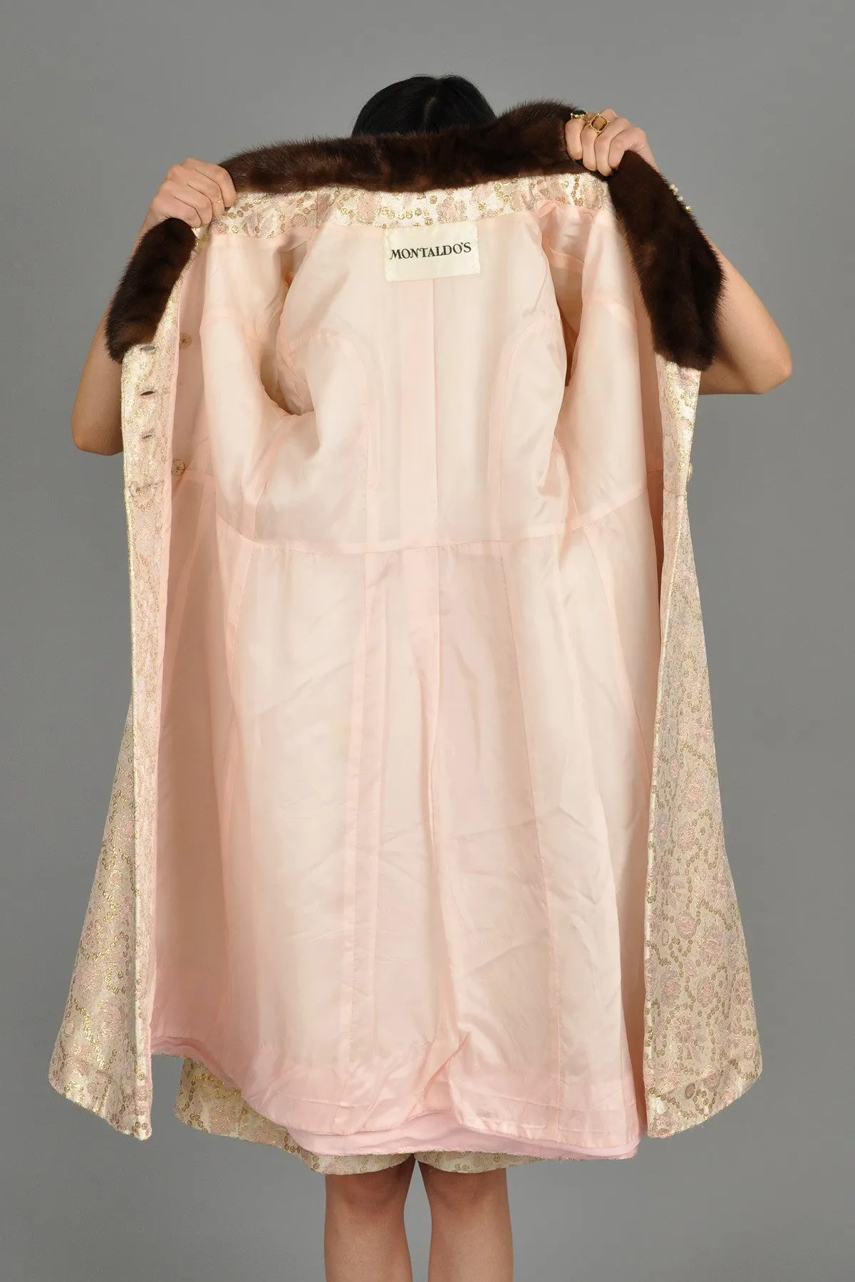Pale Pink 1960s Brocade Dress   Coat w/Mink Trim