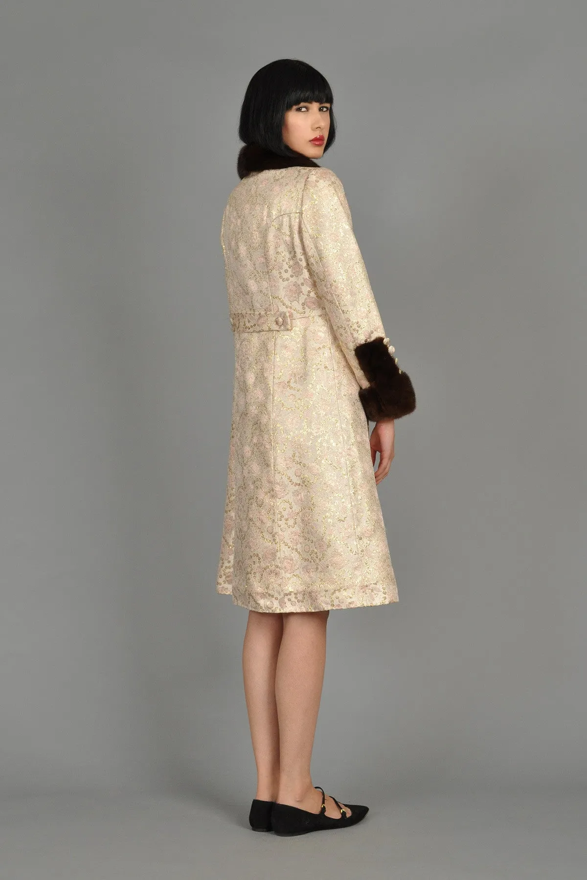 Pale Pink 1960s Brocade Dress   Coat w/Mink Trim