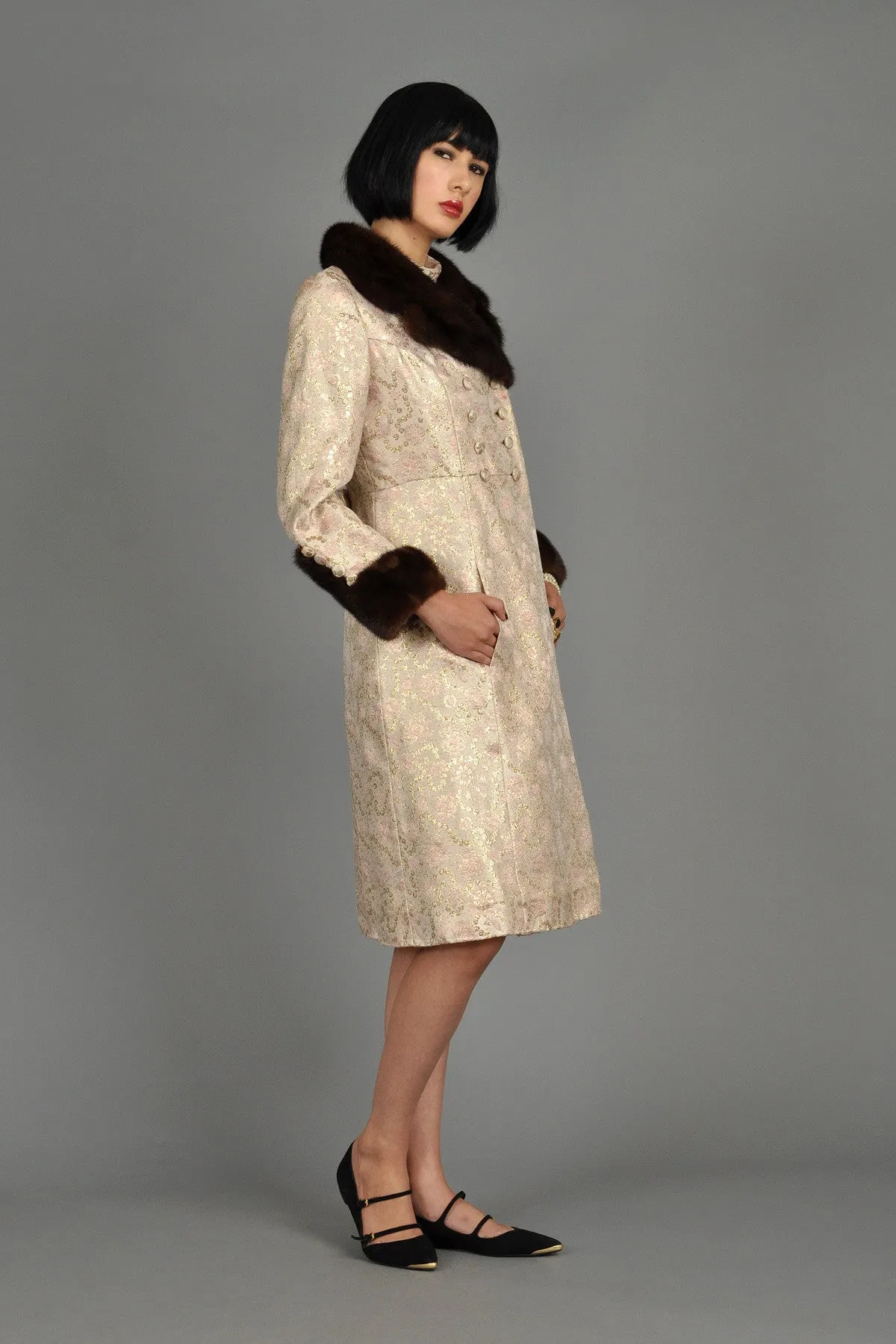 Pale Pink 1960s Brocade Dress   Coat w/Mink Trim