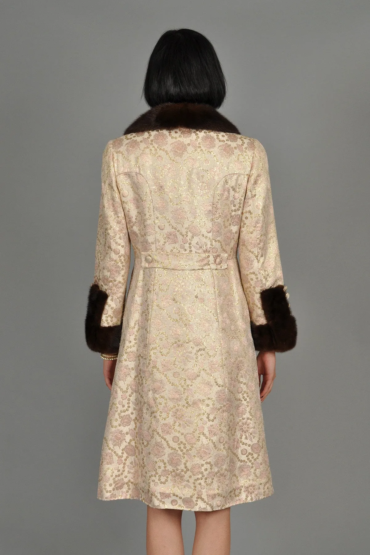 Pale Pink 1960s Brocade Dress   Coat w/Mink Trim