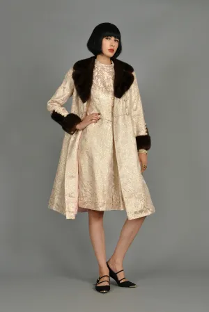 Pale Pink 1960s Brocade Dress   Coat w/Mink Trim