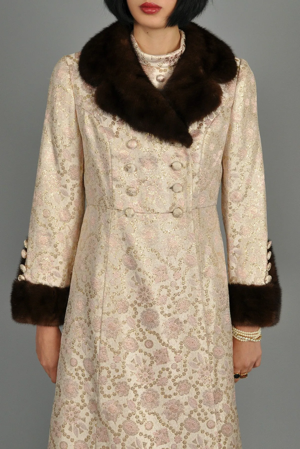 Pale Pink 1960s Brocade Dress   Coat w/Mink Trim