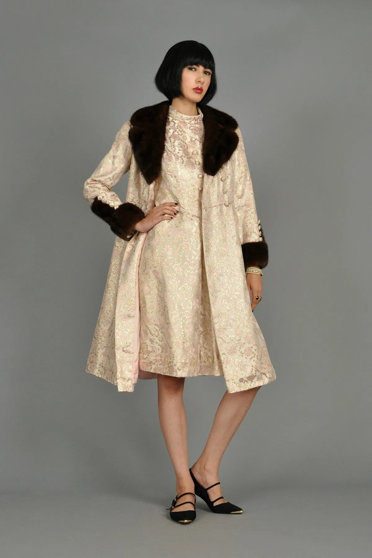 Pale Pink 1960s Brocade Dress   Coat w/Mink Trim