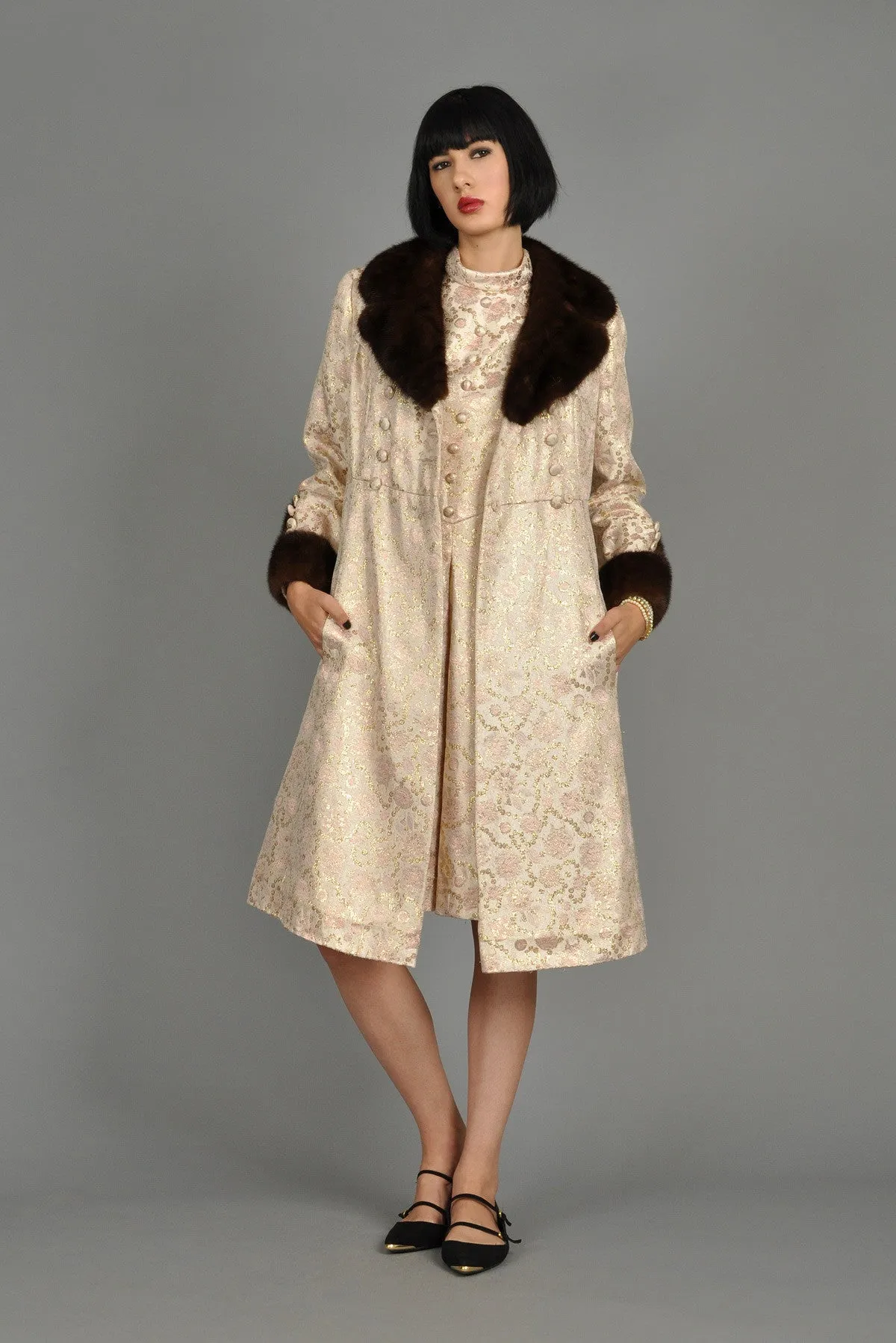 Pale Pink 1960s Brocade Dress   Coat w/Mink Trim
