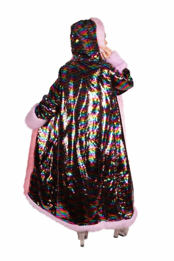 Rainbow Sequin Long Coat with Faux Fur Trim