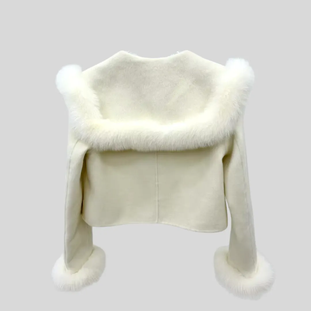 Real Fur Coat with Fox Collar and Cuffs - White