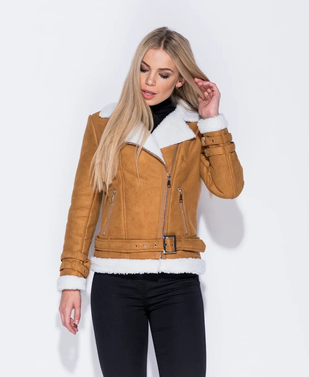 Suedette Faux Fur Trim Aviator Jacket