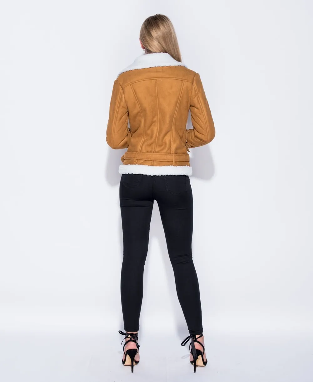 Suedette Faux Fur Trim Aviator Jacket