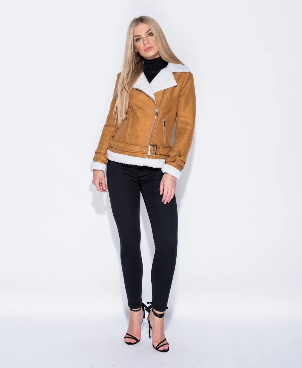 Suedette Faux Fur Trim Aviator Jacket