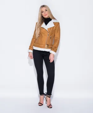 Suedette Faux Fur Trim Aviator Jacket