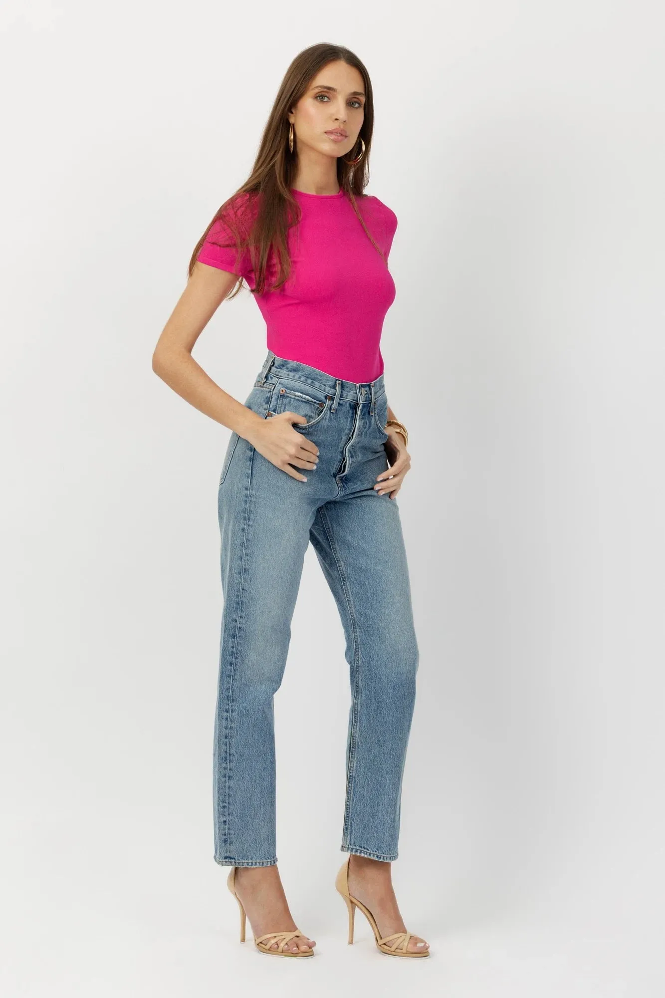 The Greta - Fuchsia Retro Crew-Neck Tee Moisture-Wicking Viscose