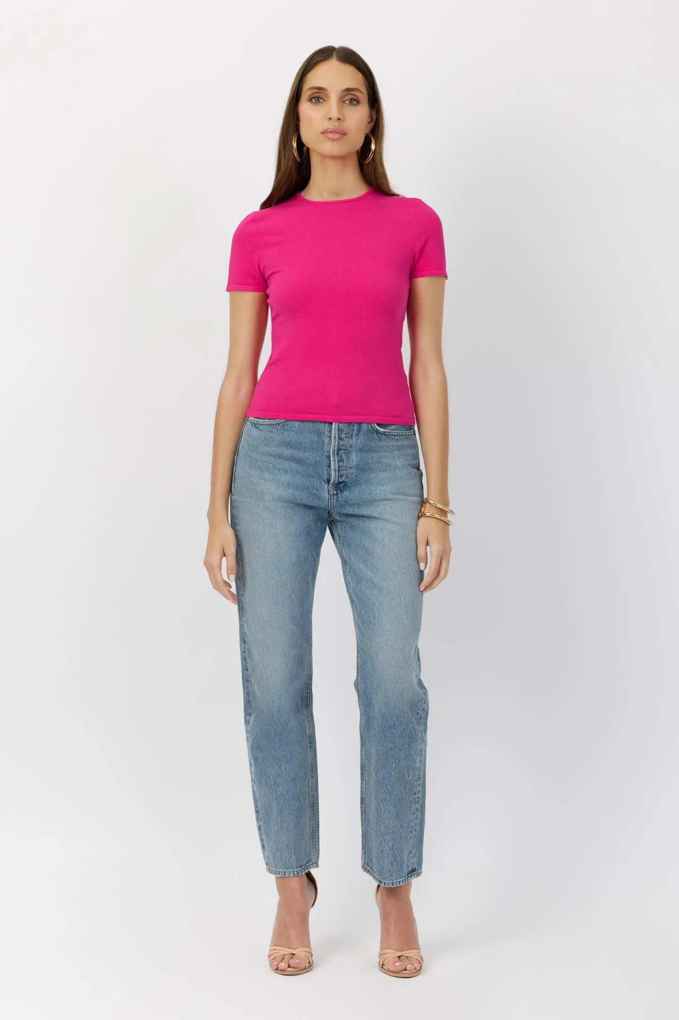 The Greta - Fuchsia Retro Crew-Neck Tee Moisture-Wicking Viscose