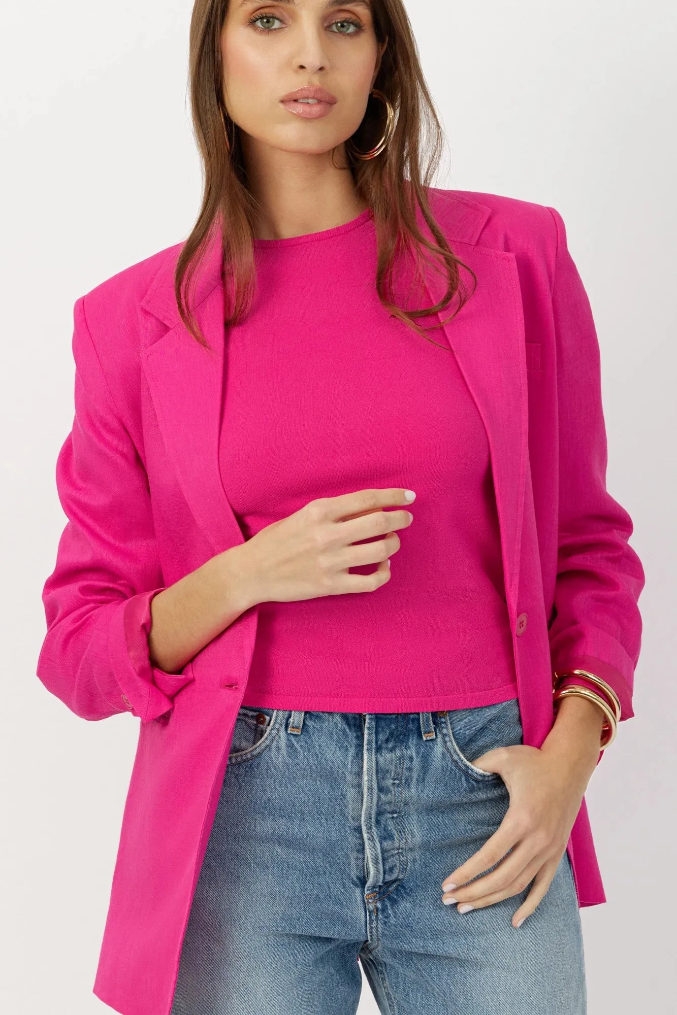 The Greta - Fuchsia Retro Crew-Neck Tee Moisture-Wicking Viscose
