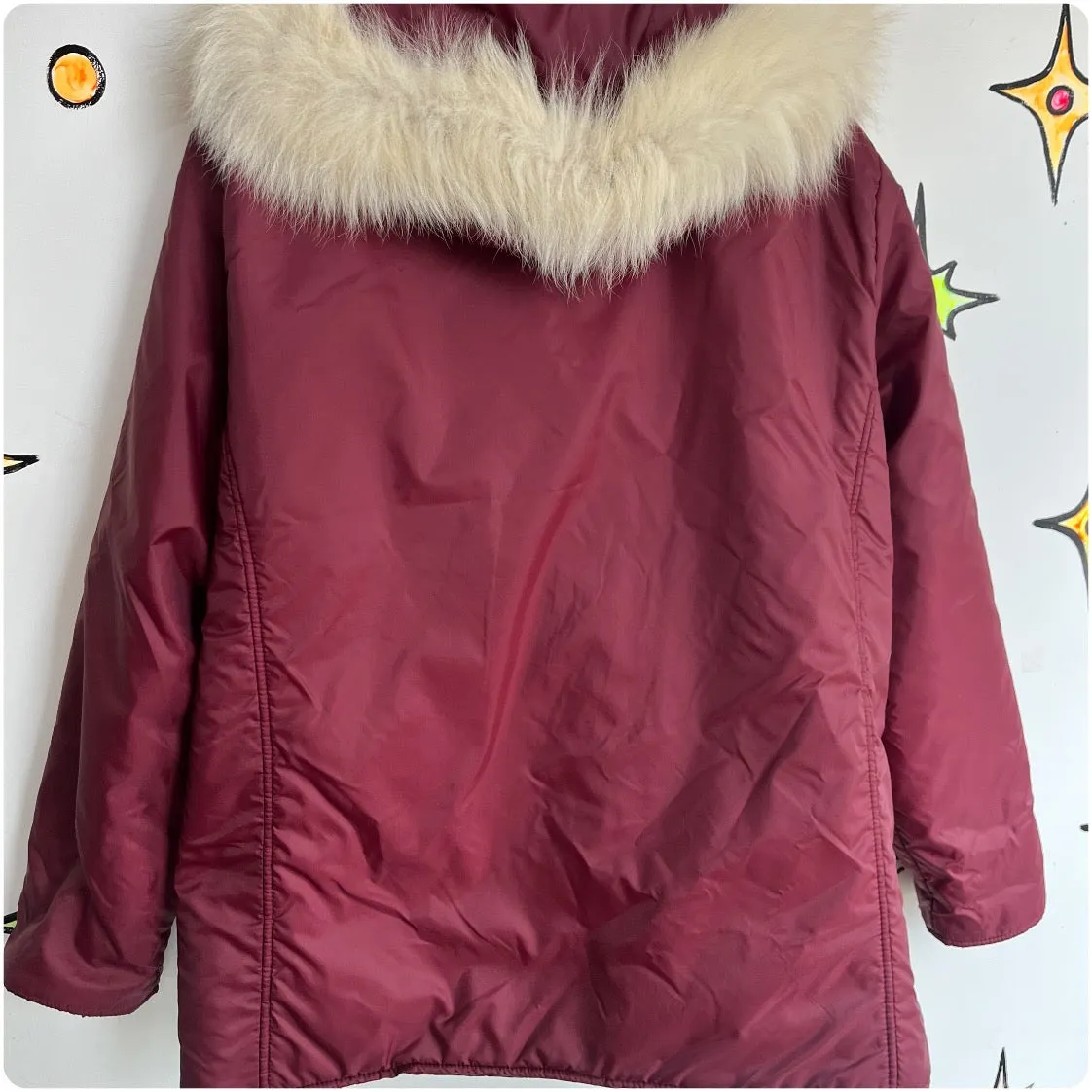 Vintage 90s Y2K | Oversized Burgundy Puffer Hoodie Coat with Faux Fur Trim | S